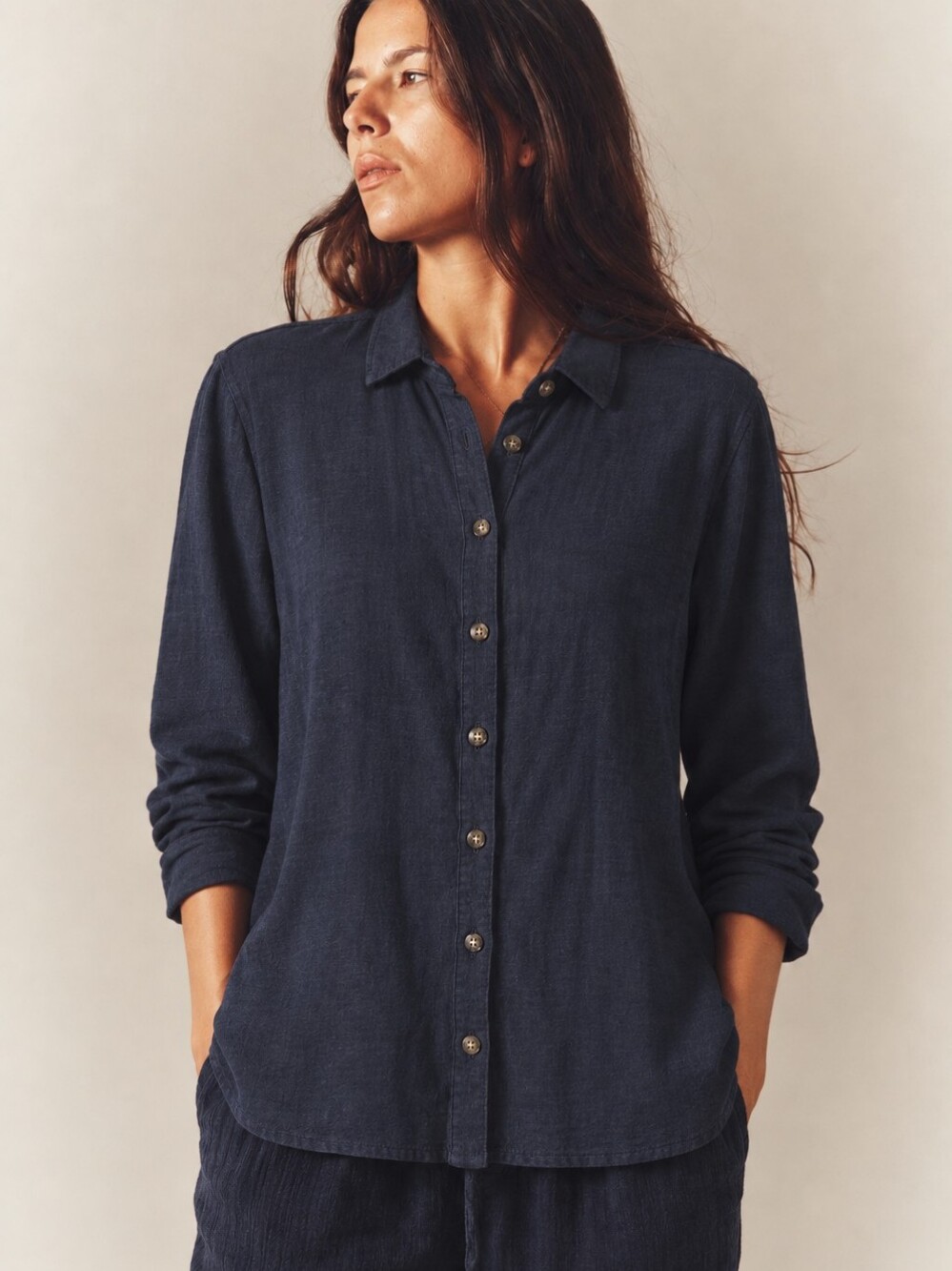 J.JILL Love Linen Button Down Shirt Navy Blue Knit Oversized XL